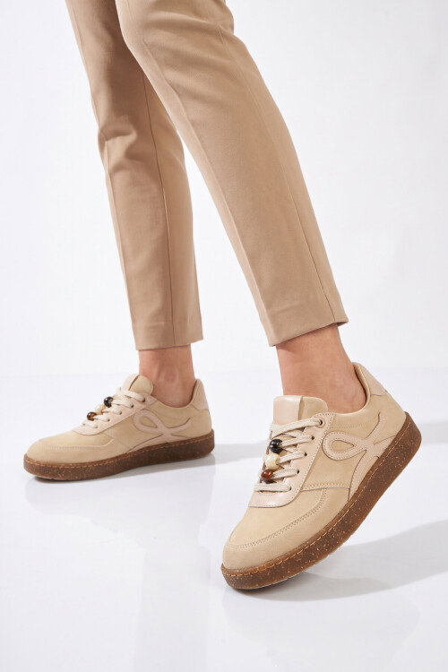 Kadın Bej Şık Rahat Bağcıklı Casual Yürüyüş Spor Ayakkabı Sneaker 669253