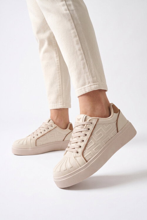 Bej Bağcıklı Kalın Rahat Tabanlı Erkek Casual Yürüyüş Ayakkabı Sneaker 26201 M