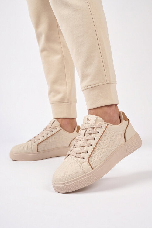 Bej Bağcıklı Kalın Tabanlı Rahat Şık Unisex Casual Yürüyüş ve Spor Ayakkabı Sneaker 26201 G