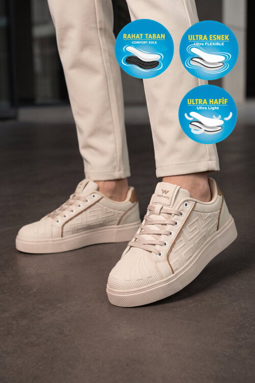 Bej Bağcıklı Kalın Tabanlı Rahat Şık Unisex Casual Yürüyüş ve Spor Ayakkabı Sneaker 26201 G