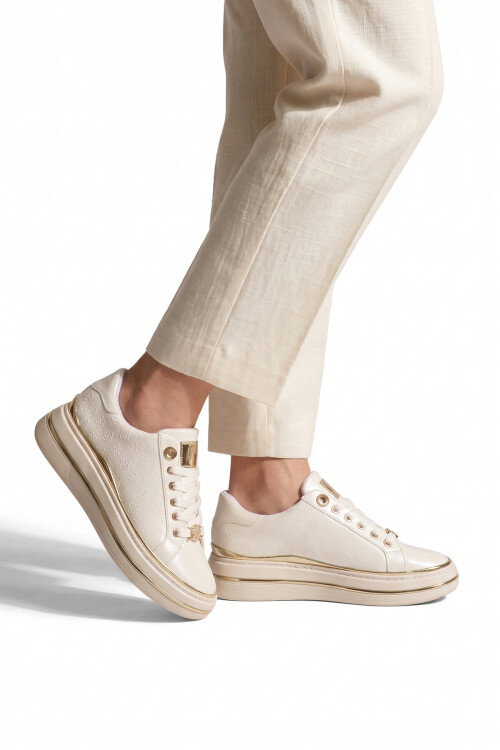 Beyaz Cilt Kalın Rahat Tabanlı Bağcıklı Kadın Casual Yürüyüş Ayakkabı Sneaker 431173 