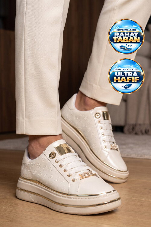 Beyaz Cilt Kalın Rahat Tabanlı Bağcıklı Kadın Casual Yürüyüş Ayakkabı Sneaker 431173 
