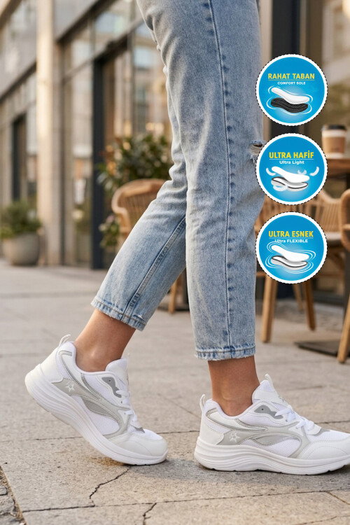 Beyaz-Gri Fileli Bağcıklı Nefes Alan Rahat Tabanlı Unisex Yürüyüş ve Spor Ayakkabı 26106 G