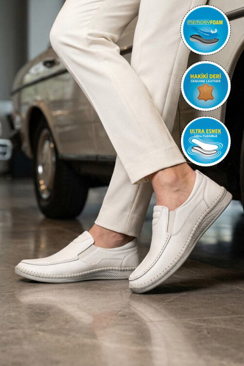 Erkek Beyaz Hakiki Deri Hafızalı Rahat Taban Şık Smart Casual Ayakkabı Loafer M741 M