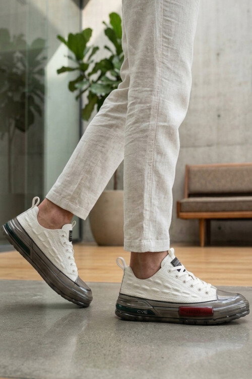 Beyaz Hakiki Deri Kroko Desenli Kalın Taban Erkek Casual Ayakkabı Sneaker E058 M