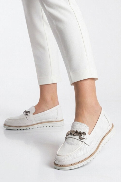 Beyaz Hakiki Deri Anatomik Rahat Tabanlı Toka Detaylı Kadın Casual Ayakkabı Loafer Z273 Z