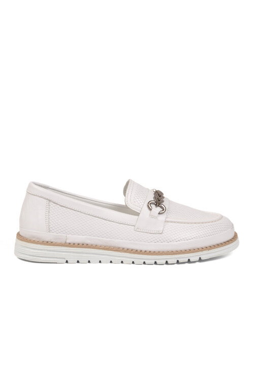 Beyaz Hakiki Deri Anatomik Rahat Tabanlı Toka Detaylı Kadın Casual Ayakkabı Loafer Z273 Z