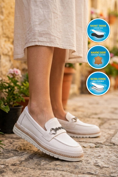 Beyaz Hakiki Deri Anatomik Rahat Tabanlı Toka Detaylı Kadın Casual Ayakkabı Loafer Z273 Z
