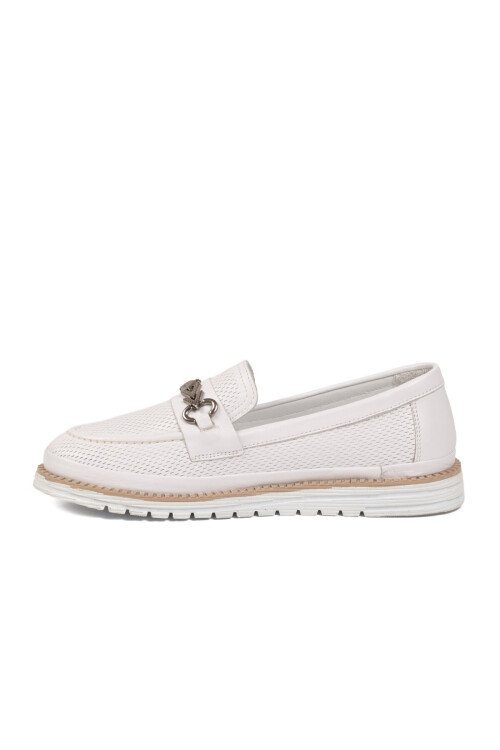 Beyaz Hakiki Deri Anatomik Rahat Tabanlı Toka Detaylı Kadın Casual Ayakkabı Loafer Z273 Z
