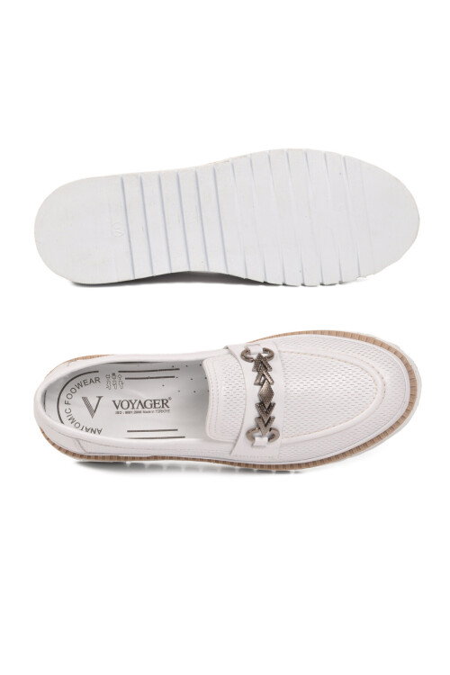 Beyaz Hakiki Deri Anatomik Rahat Tabanlı Toka Detaylı Kadın Casual Ayakkabı Loafer Z273 Z