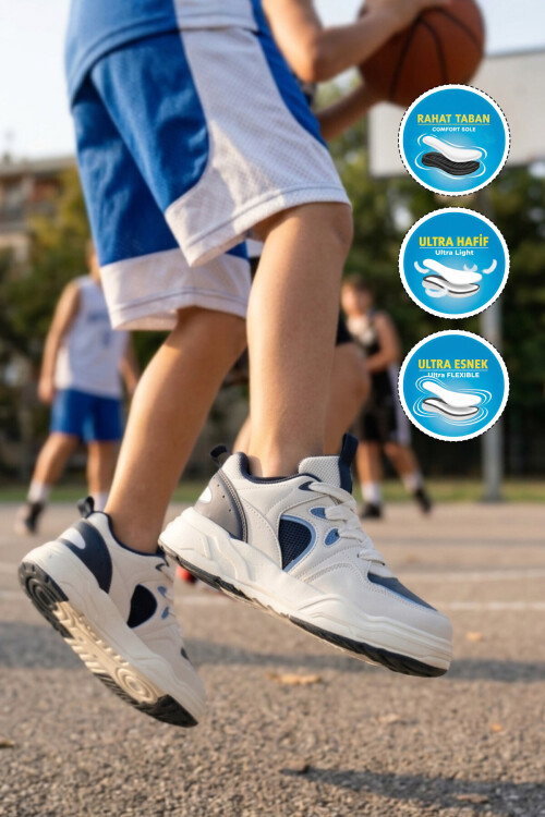 Beyaz-Lacivert Fileli Hafif Esnek Erkek Çocuk Spor Ayakkabı Jacop F