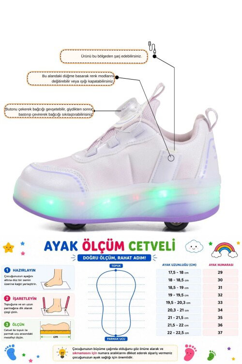 Kız Çocuk Beyaz Mor Şarjlı Işıklı Akıllı Bağcıklı Tekerlekli Paten Ayakkabı Yung 