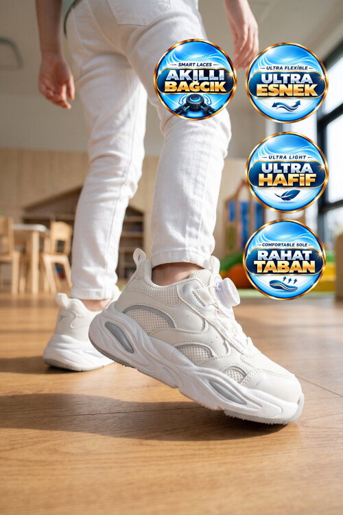 Beyaz Fileli Hafif Akıllı Bağcıklı Unisex Çocuk Spor Ayakkabı Frank P