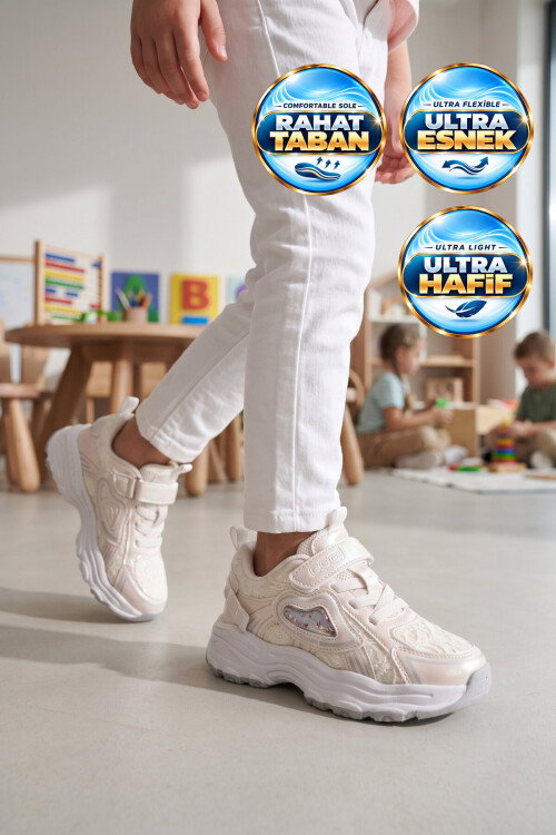 Beyaz Cırtlı Bağcıklı Kalın Tabanlı Kız Çocuk Spor Ayakkabı Sneaker Sımba