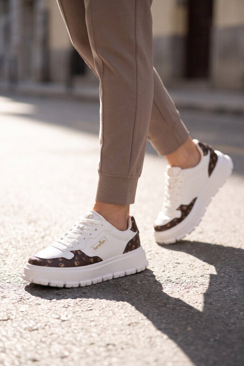 Bağcıklı Kalın Tabanlı Desenli Beyaz Unisex Casual Yürüyüş Ayakkabı Sneaker BNI-12124 G