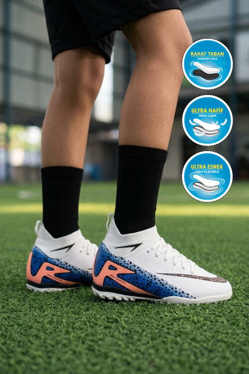 Beyaz-Siyah Bağcıklı Bilekten Sarmalı Unisex Halı Saha Ayakkabısı 610 Süperfly G