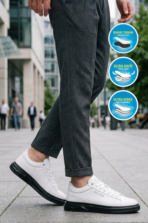 Erkek Beyaz-Siyah Bağcıklı Kalın Taban Erkek Casual Ayakkabı Sneaker 8078 Dashor M