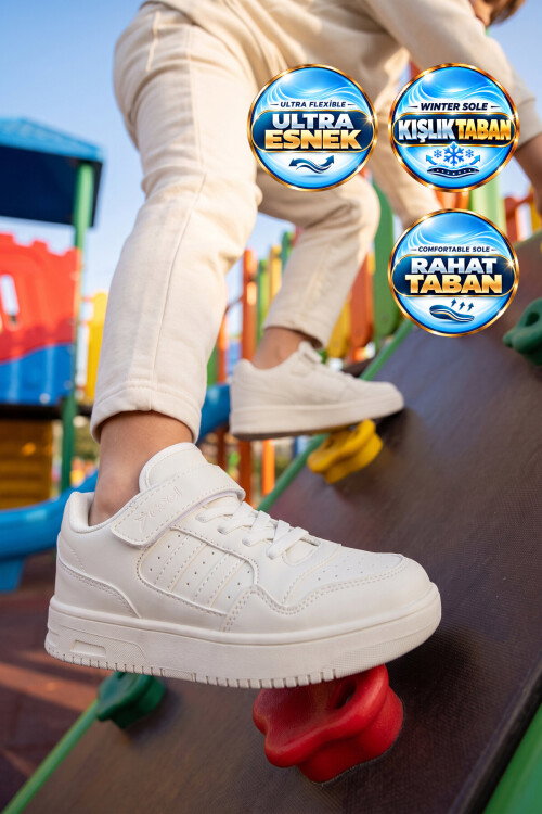 Beyaz Cırt Bantlı Unisex Çocuk Yürüyüş ve Spor Ayakkabı Sneaker Foor F