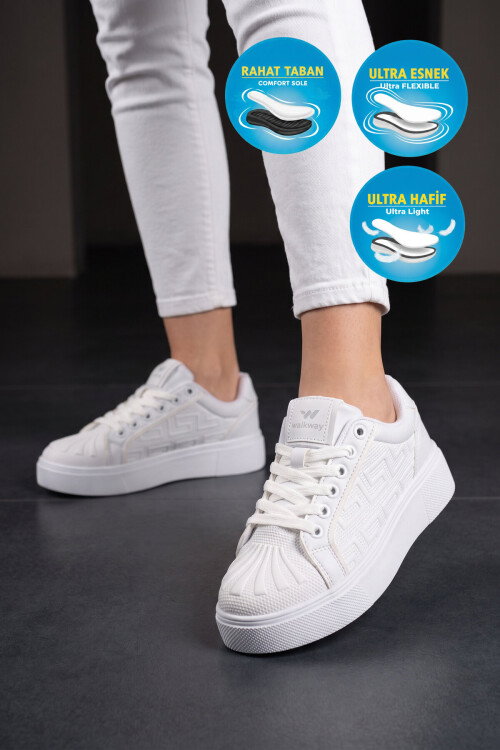 Beyaz Bağcıklı Kalın Rahat Tabanlı Erkek Casual Yürüyüş Ayakkabı Sneaker   26201 M