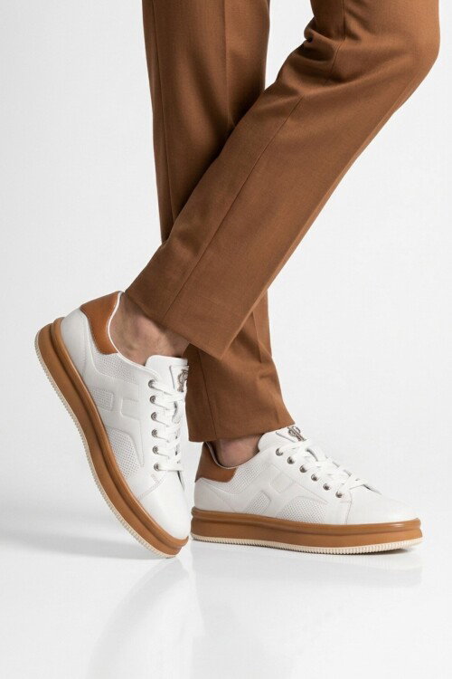 Beyaz-Taba Hakiki Deri Erkek Casual Sneaker Memory Taban Premium Casual Ayakkabı M030 M
