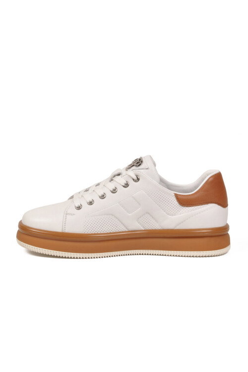 Beyaz-Taba Hakiki Deri Erkek Casual Sneaker Memory Taban Premium Casual Ayakkabı M030 M