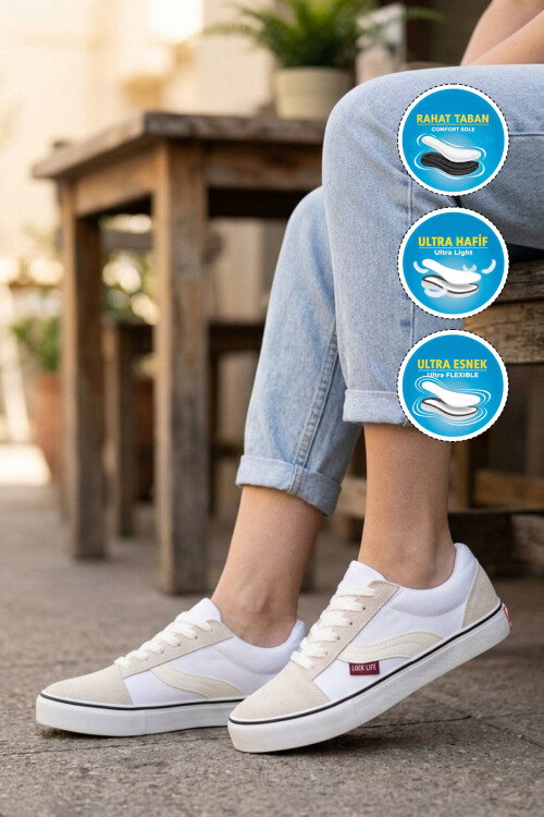Beyaz Dar Kalıp Nefes Alan Bağcıklı Keten Erkek Spor Ayakkabı Sneaker 1002 G