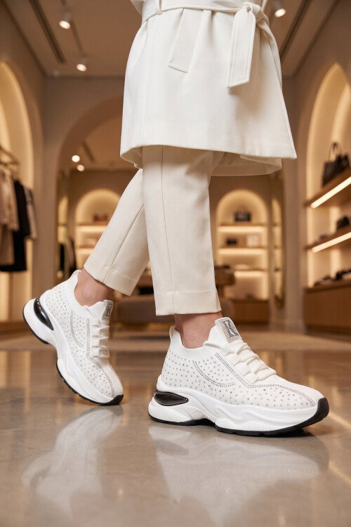 Taş İşlemeli Şık Rahat Sneaker Beyaz Anorak Örme Kadın Casual Ayakkabı K252-0045-00