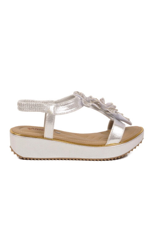 Beyaz Lastik Bantlı Yumuşak Rahat Tabanlı Simli Kadın Sandalet B178 Z