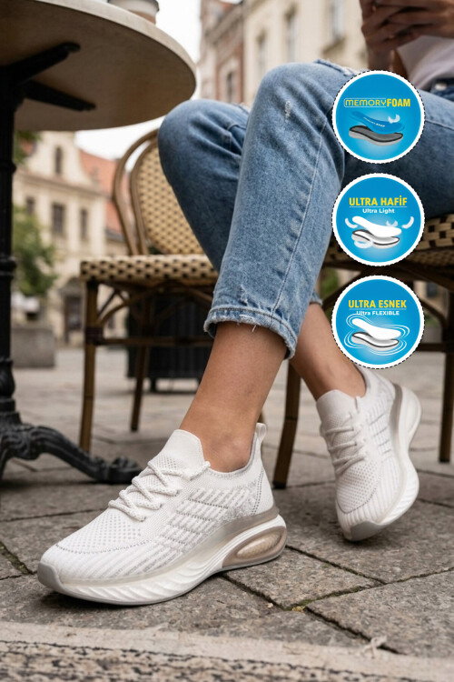Beyaz Geniş Kalıp Anorak Hafızalı Rahat Tabanlı Kadın Yürüyüş ve Spor Ayakkabı Sneaker B264 Z
