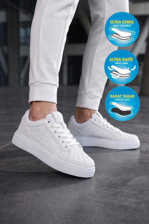 Beyaz Bağcıklı Kalın Tabanlı Rahat Şık Unisex Casual Yürüyüş ve Spor Ayakkabı Sneaker 26201 G