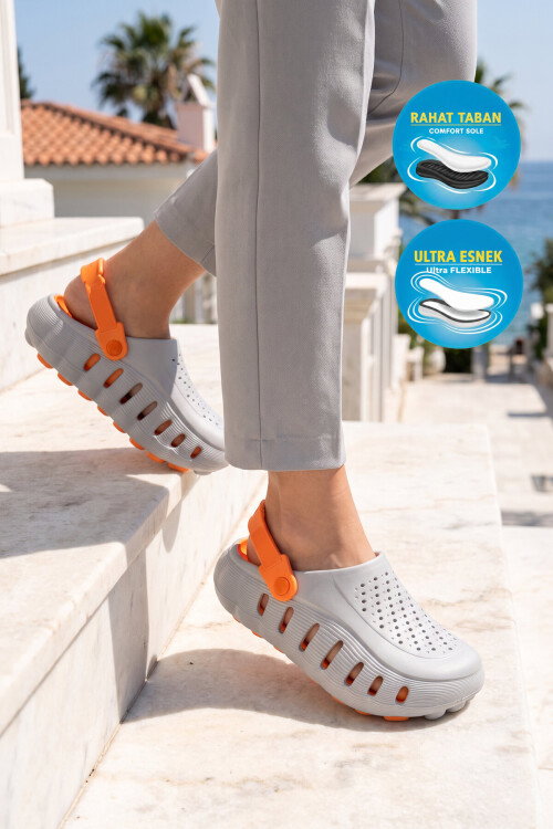 Buz-Turuncu Eva Hafif Rahat Yumuşak Taban Unisex Sabo Terlik Havuz Bahçe Terliği 2504