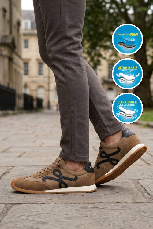 Camel Bağcıklı Hafızalı Rahat Tabanlı Retro Erkek Casual Ayakkabı Sneaker E472 M