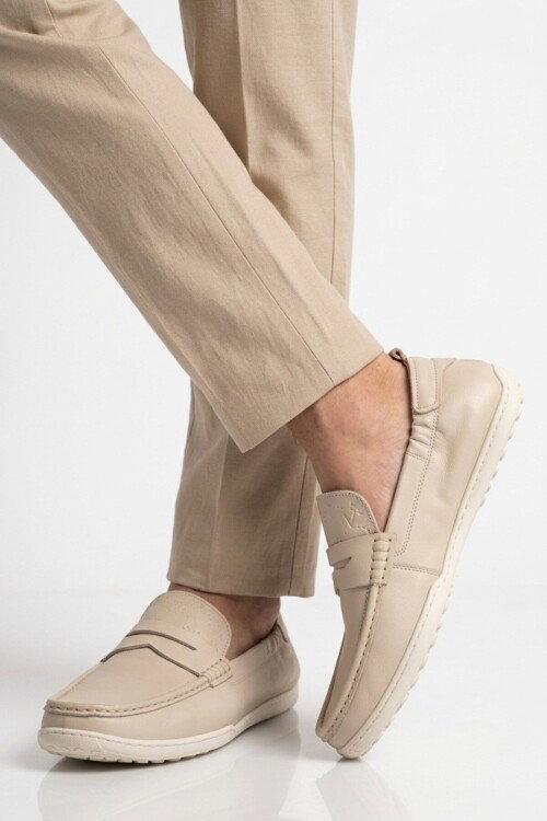 Erkek Hakiki Deri Loafer Mokasen Ayakkabı Hafızalı Taban Hafif Smart Casual Ekru M420 M