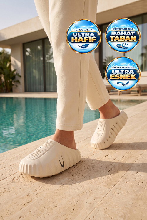 Ekru-Kum Önü Kapalı Hafif Rahat Eva Tabanlı Unisex Sabo Terlik 2510
