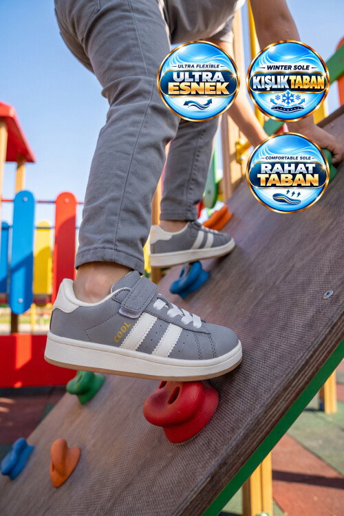 Füme Cırt Bantlı Unisex Çocuk Yürüyüş ve Spor Ayakkabı Sneaker Coop F