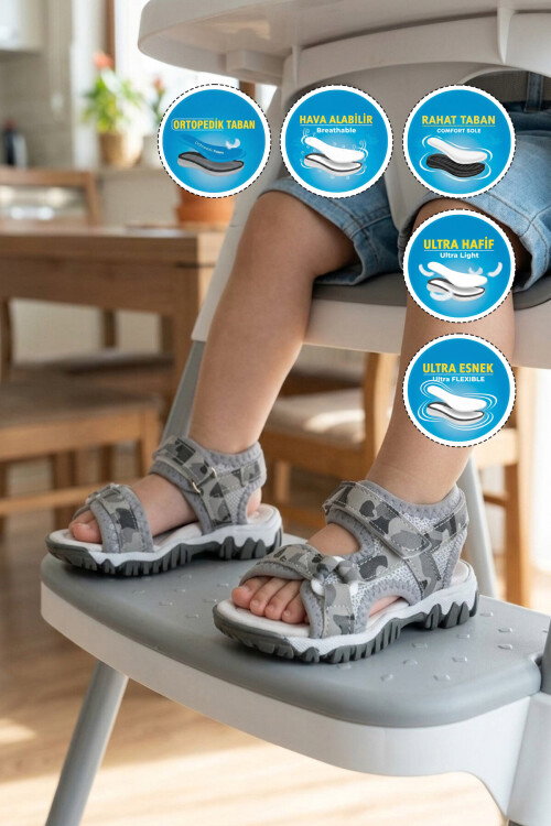 Gri-Kamuflaj Polyester Karışımlı Çocuk Sandalet 25T104 B
