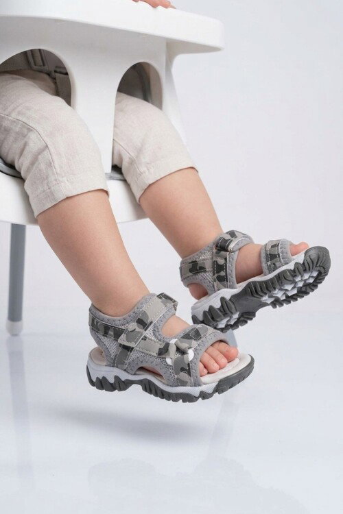 Gri-Kamuflaj Polyester Karışımlı Çocuk Sandalet 25T104 B