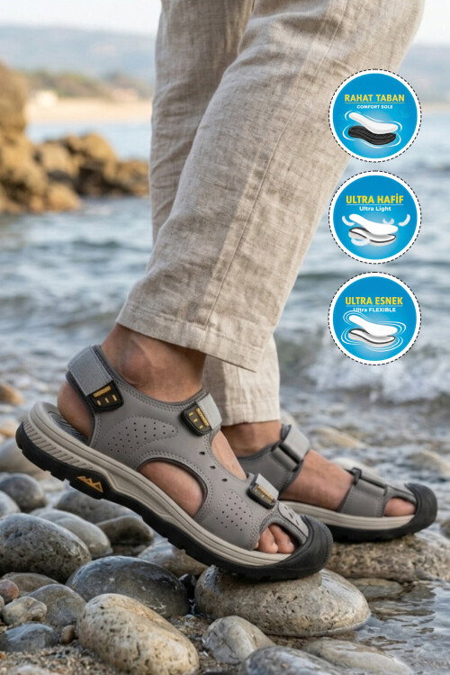 Erkek Outdoor Trekking Sandalet Kapalı Burun Cırtlı Günlük Yürüyüş Gri E337 M