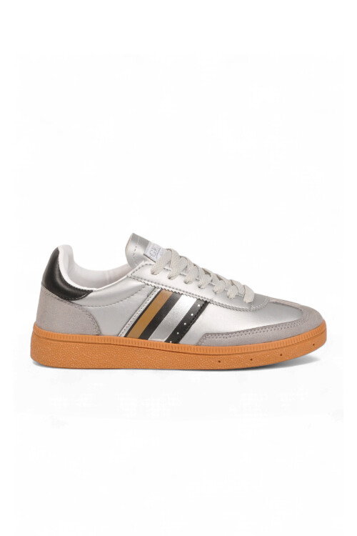 Gümüş-Siyah Bağcıklı Hafif Esnek Rahat Tabanlı Unisex Yürüyüş ve Spor Ayakkabı Sneaker 015 G