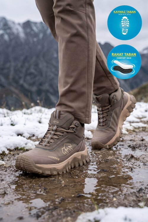 Haki Bağcıklı Kalın Kaymaz Tabanlı Erkek Outdoor Trekking Bot 26K513 