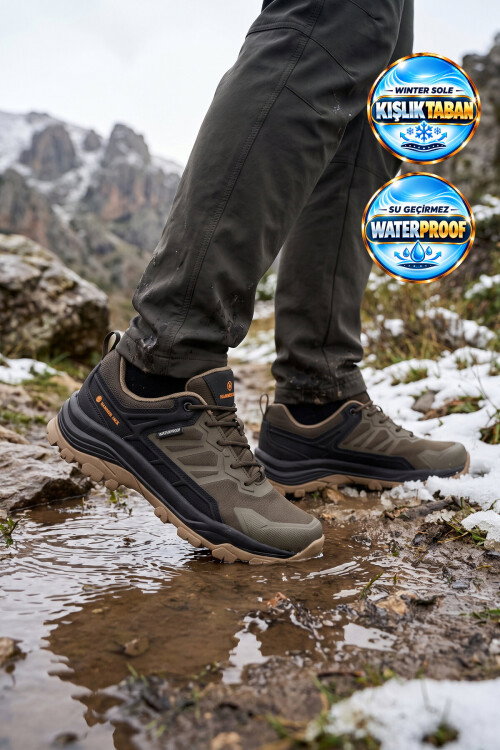 Kaymaz Tabanlı Su Geçirmez Haki-Siyah Erkek Outdoor Trekking  Ayakkabı Edmund