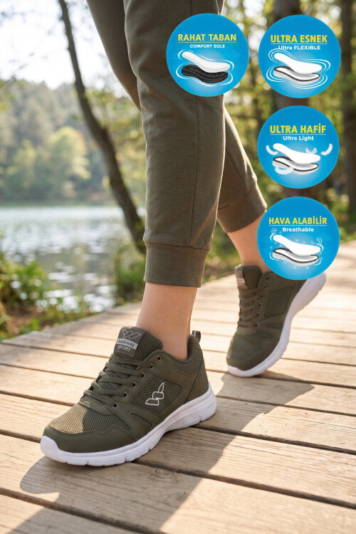 Haki Fileli Hafif Bağcıklı Esnek Unisex Spor Ayakkabı 020 G