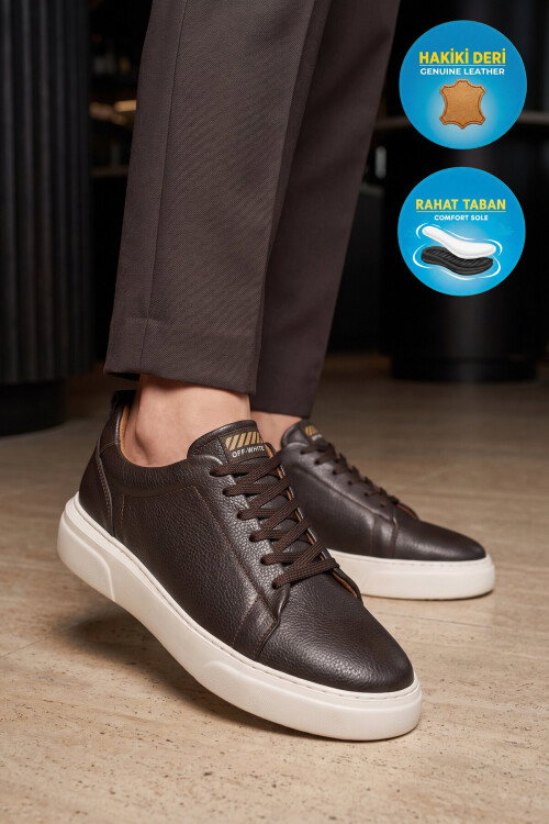 Kahve-Bej Hakiki Deri Bağcıklı Kalın Rahat Tabanlı Erkek Casual Ayakkabı Sneaker 272303 