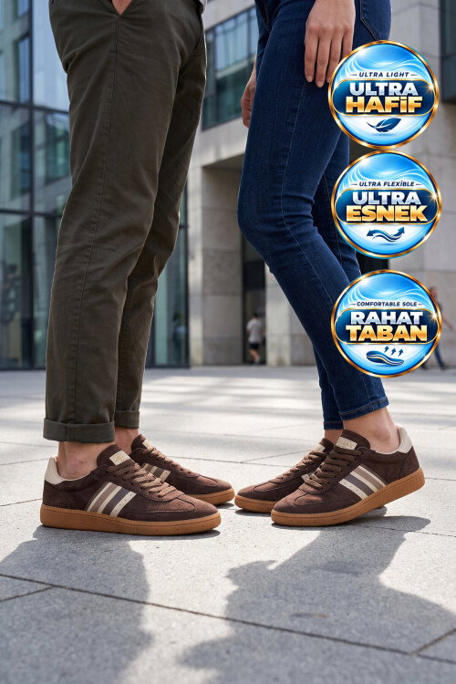 Kahve-Bej Bağcıklı Hafif Esnek Rahat Tabanlı Unisex Yürüyüş ve Spor Ayakkabı Sneaker 015 G