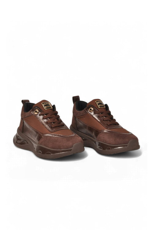 Kahve Cilt Bağcıklı Kalın Rahat Tabanlı Kadın Casual Yürüyüş Ayakkabı Sneaker 231171