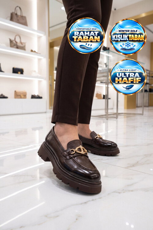 Kadın Loafer Ayakkabı Tokalı Kalın Taban Kahve Cilt Şık Kadın Klasik Casual Ayakkabı 572508 