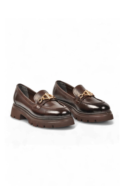 Kadın Loafer Ayakkabı Tokalı Kalın Taban Kahve Cilt Şık Kadın Klasik Casual Ayakkabı 572508 
