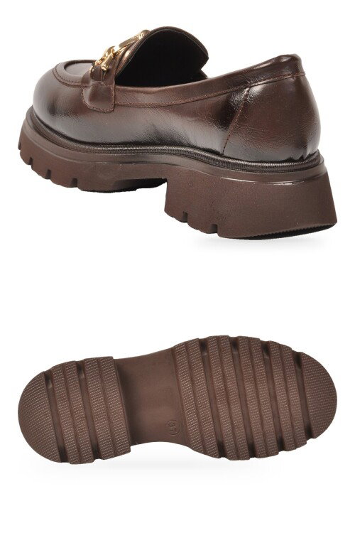 Kadın Loafer Ayakkabı Tokalı Kalın Taban Kahve Cilt Şık Kadın Klasik Casual Ayakkabı 572508 