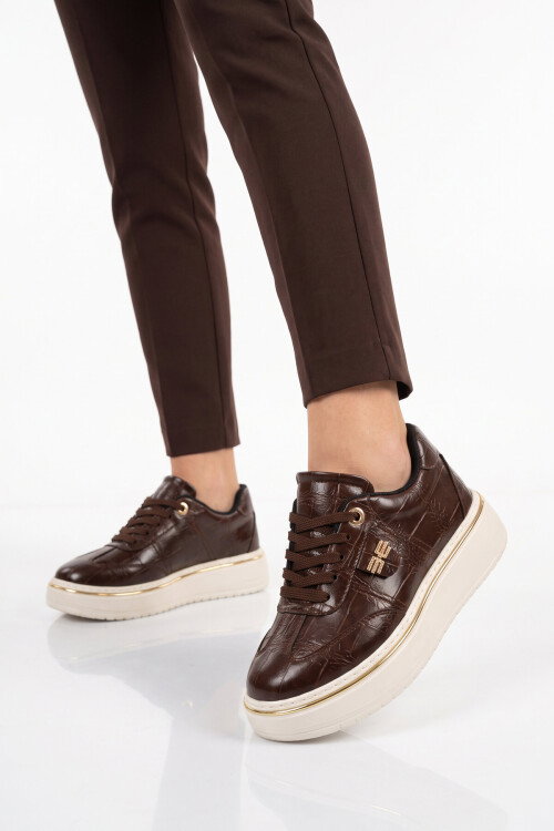 Taş Detaylı Şık Sneaker Kalın Rahat Taban Bağcıklı Kahve Cilt Kadın Casual Yürüyüş Ayakkabı 231176