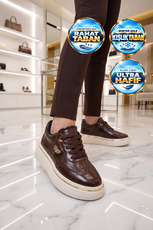 Taş Detaylı Şık Sneaker Kalın Rahat Taban Bağcıklı Kahve Cilt Kadın Casual Yürüyüş Ayakkabı 231176